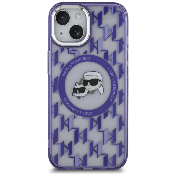Karl Lagerfeld IML Monogram Karl &amp; Choupette Head MagSafe iPhone 15 Case - Purple