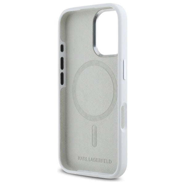 Karl Lagerfeld Silicone Initial Metal Logo MagSafe iPhone 16 Case - White