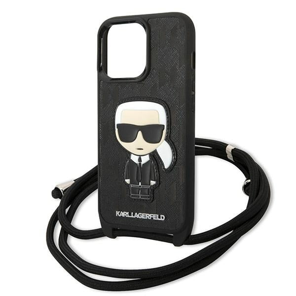 Karl Lagerfeld Leather Monogram Patch and Cord Iconik Case for iPhone 13 Pro / 13 - Black