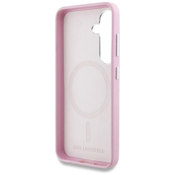 Karl Lagerfeld Saffiano Full Wrapped Elongated Metal Logo MagSafe Case for Samsung Galaxy S25 - Pink