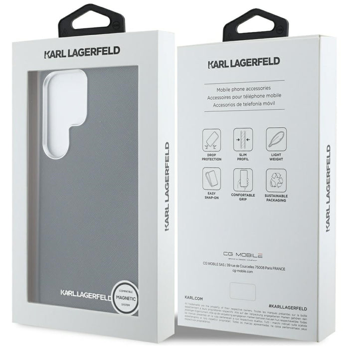 Karl Lagerfeld Saffiano Full Wrapped Elongated Metal Logo MagSafe Case for Samsung Galaxy S25 Ultra - Black