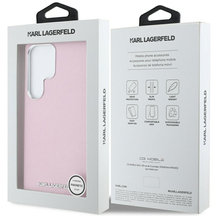 Karl Lagerfeld Saffiano Full Wrapped Elongated Metal Logo MagSafe Case for Samsung Galaxy S25 Ultra - Pink