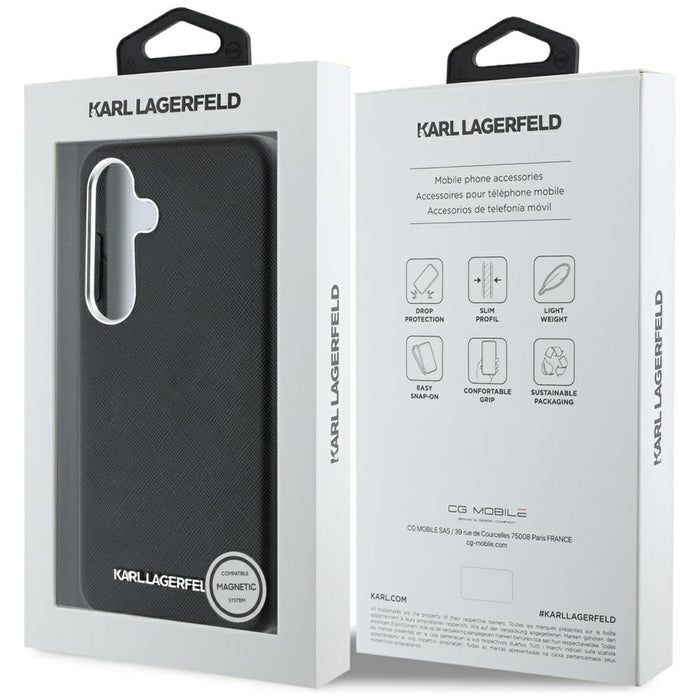 Karl Lagerfeld Saffiano Full Wrapped Elongated Metal Logo MagSafe Case for Samsung Galaxy S25+ - Black