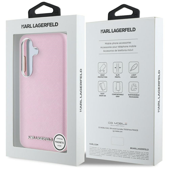 Karl Lagerfeld Saffiano Full Wrapped Elongated Metal Logo MagSafe Case for Samsung Galaxy S25+ - Pink