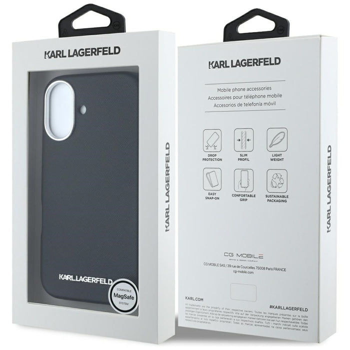 Karl Lagerfeld Saffiano Full Wrapped Elongated Metal Logo MagSafe Case for iPhone 16 - Black