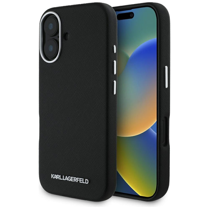 Karl Lagerfeld Saffiano Full Wrapped Elongated Metal Logo MagSafe Case for iPhone 16 - Black
