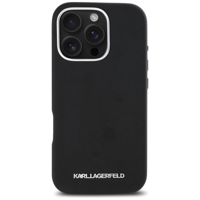 Karl Lagerfeld Saffiano Full Wrapped Elongated Metal Logo MagSafe iPhone 16 Pro Case - Black