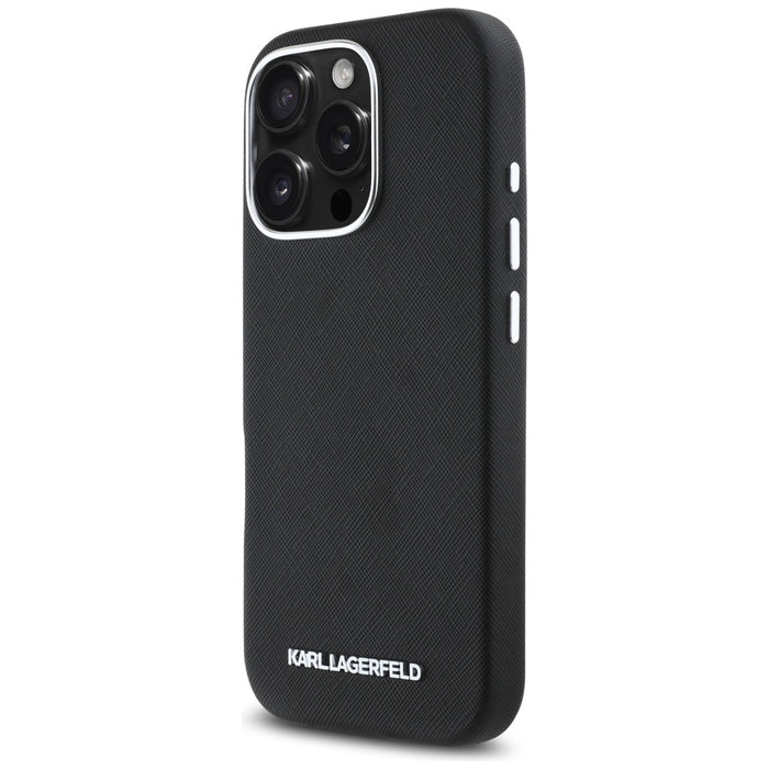 Karl Lagerfeld Saffiano Full Wrapped Elongated Metal Logo MagSafe iPhone 16 Pro Case - Black