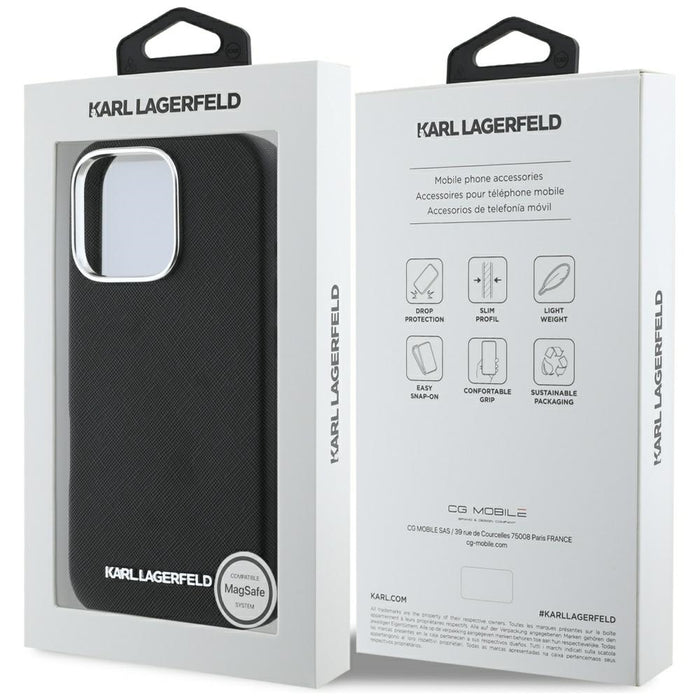 Karl Lagerfeld Saffiano Full Wrapped Elongated Metal Logo MagSafe Case for iPhone 16 Pro Max - Black