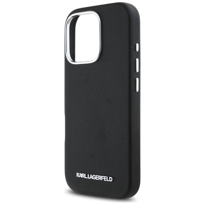 Karl Lagerfeld Saffiano Full Wrapped Elongated Metal Logo MagSafe Case for iPhone 16 Pro Max - Black