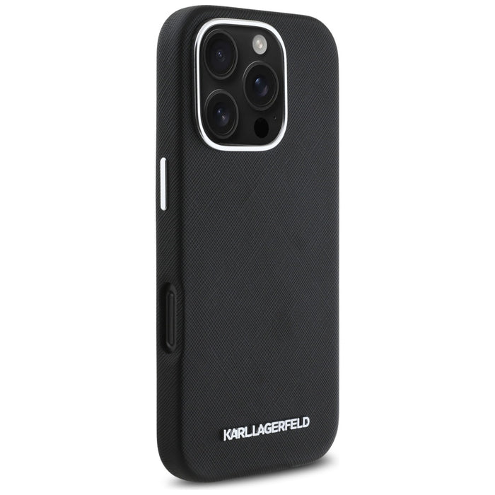 Karl Lagerfeld Saffiano Full Wrapped Elongated Metal Logo MagSafe Case for iPhone 16 Pro Max - Black