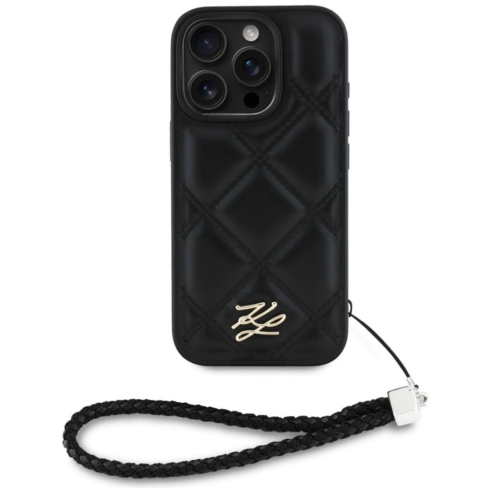 Karl Lagerfeld Quilted Initial Logo &amp; Chain Strap iPhone 16 Pro Case - Black