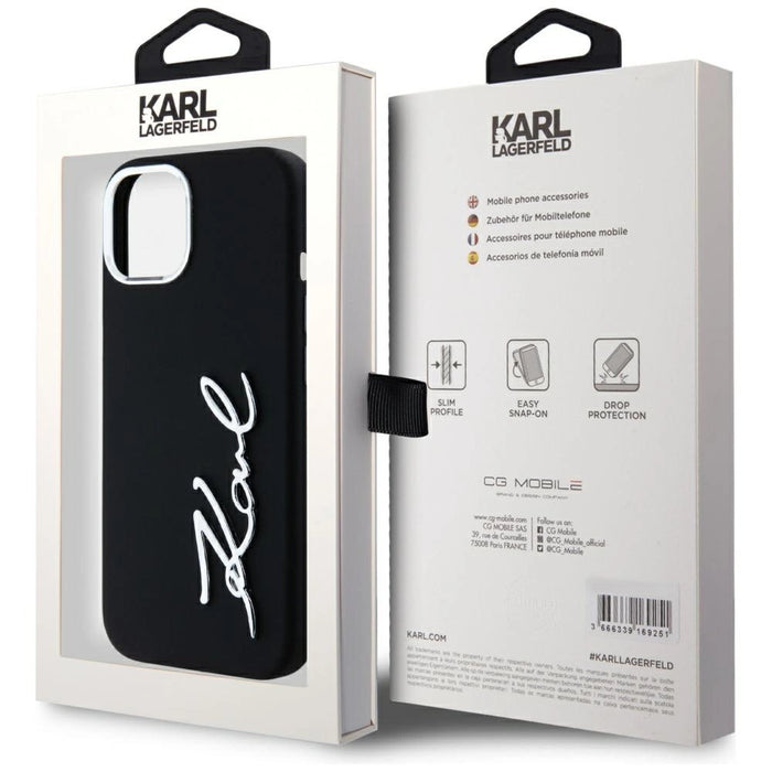 Karl Lagerfeld Silicone Metal Script Logo iPhone 15 Case - Black