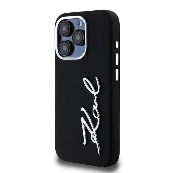 Karl Lagerfeld Silicone Metal Script Logo iPhone 15 Pro Max Case - Black