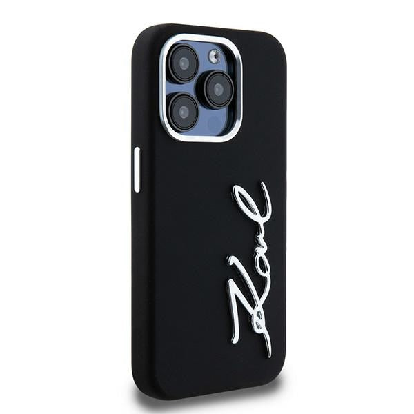 Karl Lagerfeld Silicone Metal Script Logo iPhone 15 Pro Max Case - Black
