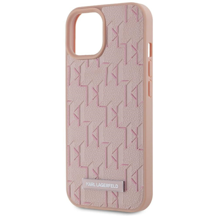 Karl Lagerfeld Leather Monogram Metal Logo MagSafe iPhone 15 Case - Pink