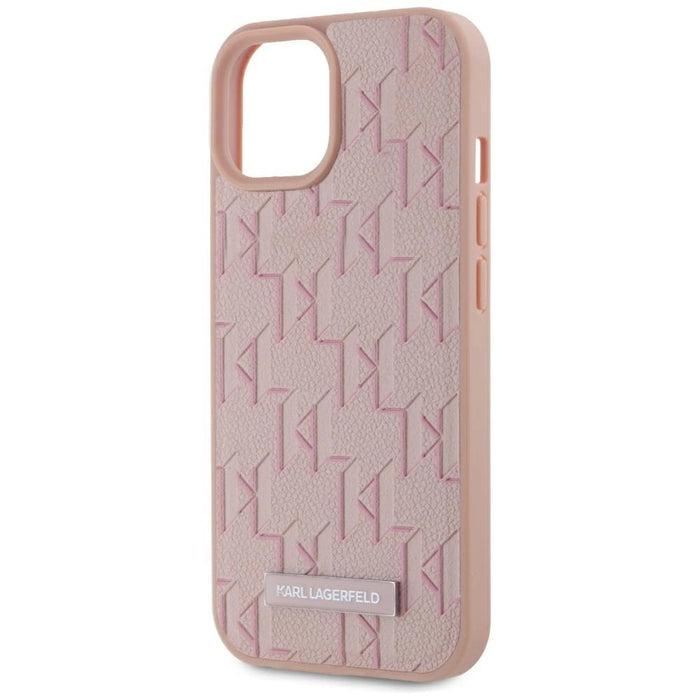 Karl Lagerfeld Leather Monogram Metal Logo MagSafe iPhone 15 Case - Pink