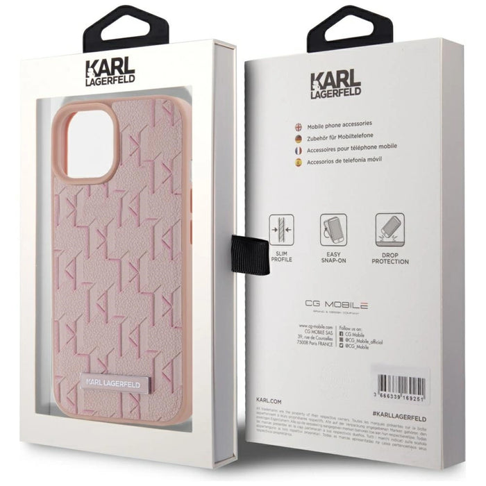 Karl Lagerfeld Leather Monogram Metal Logo MagSafe iPhone 15 Case - Pink