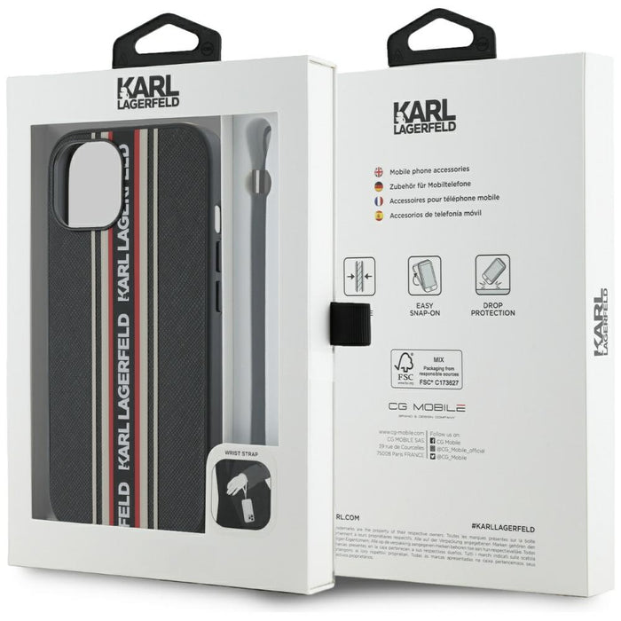 Karl Lagerfeld Saffiano Athleisure Stripes Cord iPhone 15 Case - Red