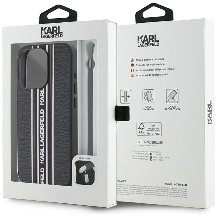 Karl Lagerfeld Saffiano Athleisure Stripes Cord iPhone 15 Pro Case - Pink