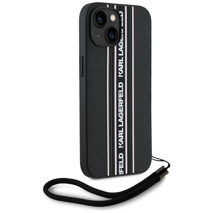 Karl Lagerfeld Saffiano Athleisure Stripes Cord iPhone 15 Case - Pink