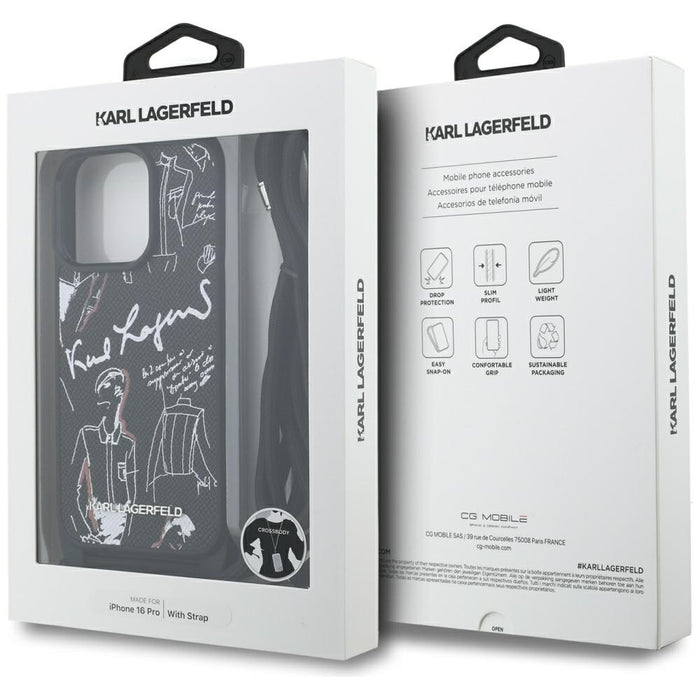 Karl Lagerfeld Crossbody Grained Pattern &amp; Logo Case for iPhone 16 Pro - Black