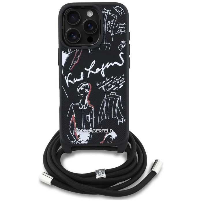 Karl Lagerfeld Crossbody Grained Pattern &amp; Logo Case for iPhone 16 Pro Max - Black