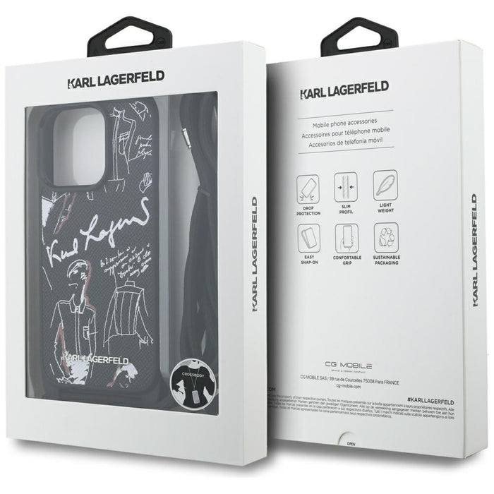 Karl Lagerfeld Crossbody Grained Pattern &amp; Logo Case for iPhone 16 Pro Max - Black