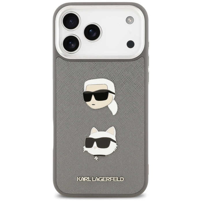 Karl Lagerfeld FW Grained Karl &amp; Choupette Heads Pins &amp; Logo iPhone 17 Pro Max Case - Gray