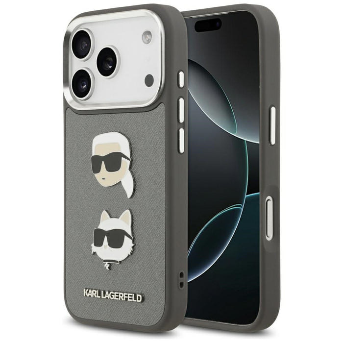 Karl Lagerfeld FW Grained Karl &amp; Choupette Heads Pins &amp; Logo iPhone 17 Pro Case - Gray