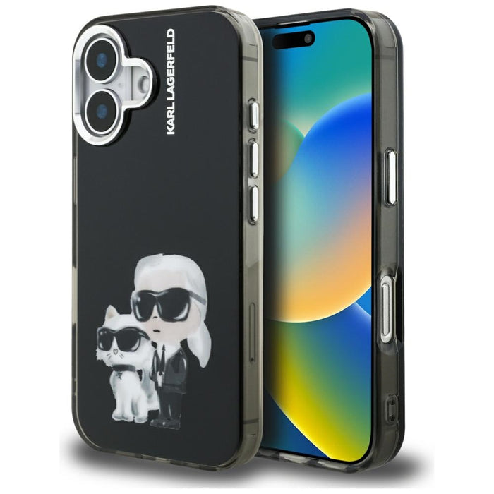 Karl Lagerfeld IML Aquarelle Karl &amp; Choupette &amp; Logo iPhone 16 Case - Black
