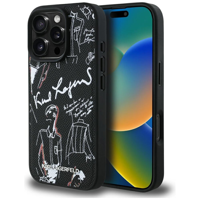Karl Lagerfeld Grained Pattern &amp; Logo MagSafe Case for iPhone 16 Pro Max - Black