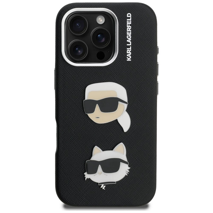 Karl Lagerfeld FW Grained Karl &amp; Choupette Heads Pins Case for iPhone 16 Pro - Black