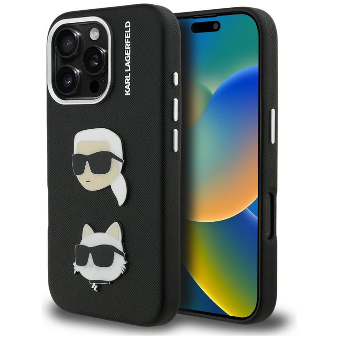 Karl Lagerfeld FW Grained Karl &amp; Choupette Heads Pins Case for iPhone 16 Pro Max - Black
