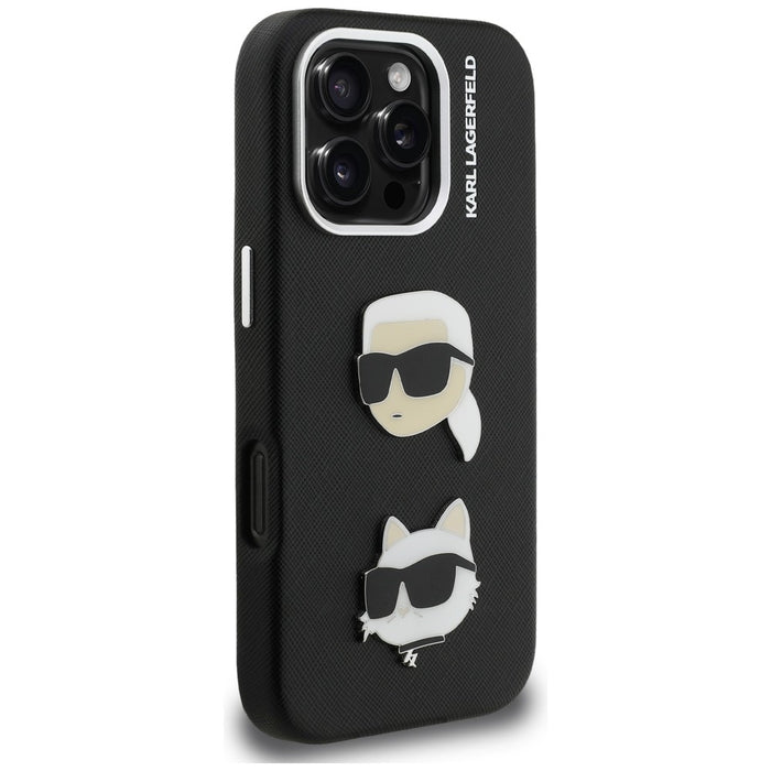 Karl Lagerfeld FW Grained Karl &amp; Choupette Heads Pins Case for iPhone 16 Pro Max - Black