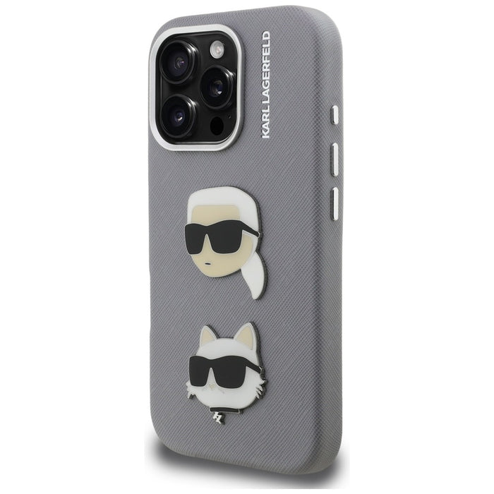 Karl Lagerfeld FW Grained Karl &amp; Choupette Heads Pins Case for iPhone 16 Pro Max - Gray