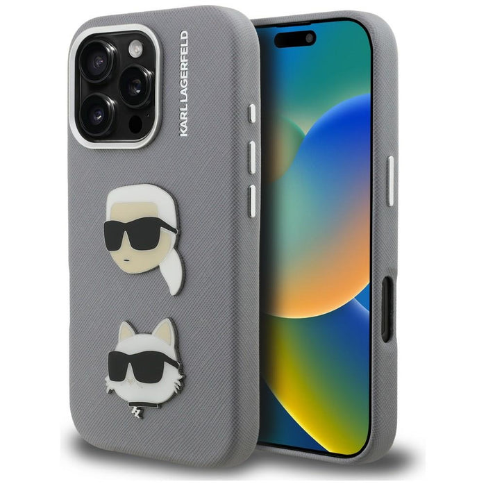 Karl Lagerfeld FW Grained Karl &amp; Choupette Heads Pins Case for iPhone 16 Pro Max - Gray