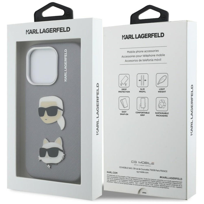 Karl Lagerfeld FW Grained Karl &amp; Choupette Heads Pins Case for iPhone 16 Pro - Gray