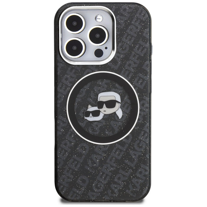 Karl Lagerfeld IML Glitter Karl &amp; Choupette Heads Logo MagSafe Case for iPhone 16 Pro - Black