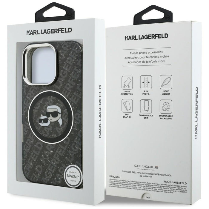 Karl Lagerfeld IML Glitter Karl &amp; Choupette Heads Logo MagSafe Case for iPhone 16 Pro - Black