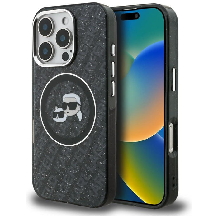 Karl Lagerfeld IML Glitter Karl &amp; Choupette Heads Logo MagSafe Case for iPhone 16 Pro Max - Black