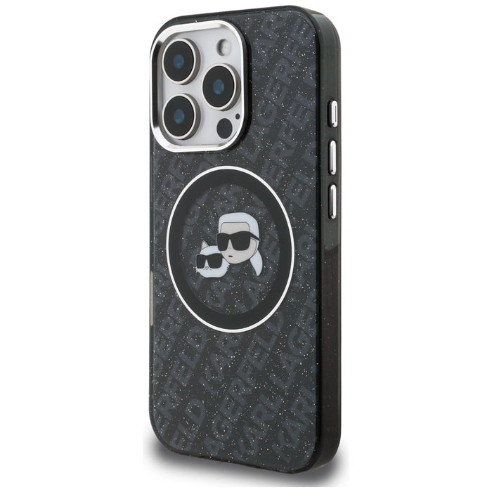 Karl Lagerfeld IML Glitter Karl & Choupette Heads Logo MagSafe Case for iPhone 16 Pro Max - Black