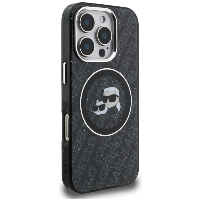 Karl Lagerfeld IML Glitter Karl &amp; Choupette Heads Logo MagSafe Case for iPhone 16 Pro Max - Black