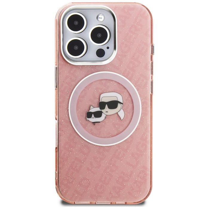 Karl Lagerfeld IML Glitter Karl & Choupette Heads Logo MagSafe Case for iPhone 16 Pro Max - Pink