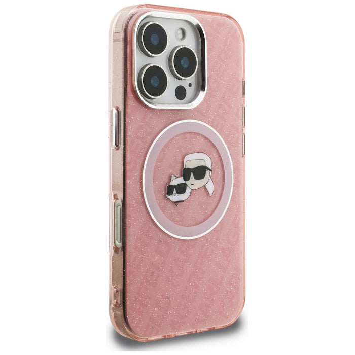 Karl Lagerfeld IML Glitter Karl & Choupette Heads Logo MagSafe Case for iPhone 16 Pro Max - Pink
