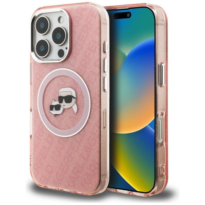 Karl Lagerfeld IML Glitter Karl & Choupette Heads Logo MagSafe Case for iPhone 16 Pro Max - Pink