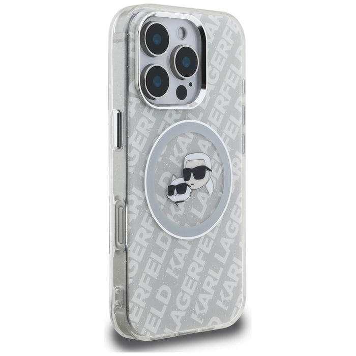 Karl Lagerfeld IML Glitter Karl &amp; Choupette Heads Logo MagSafe Case for iPhone 16 Pro Max - Gray