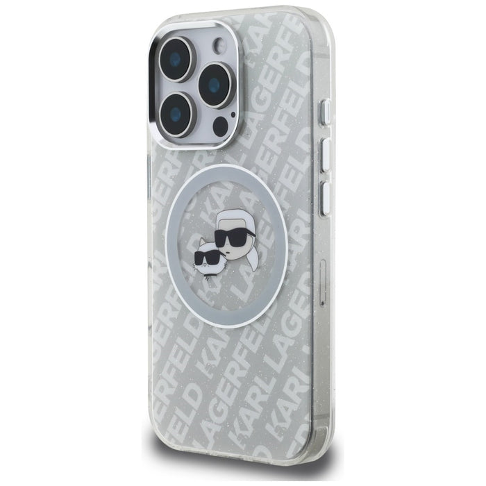 Karl Lagerfeld IML Glitter Karl &amp; Choupette Heads Logo MagSafe Case for iPhone 16 Pro Max - Gray