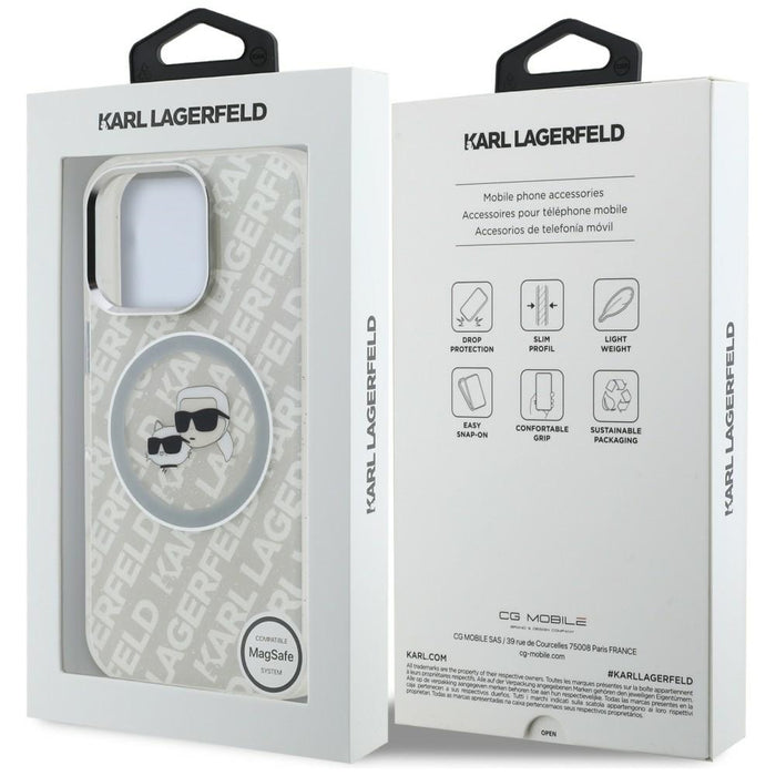 Karl Lagerfeld IML Glitter Karl &amp; Choupette Heads Logo MagSafe Case for iPhone 16 Pro Max - Gray