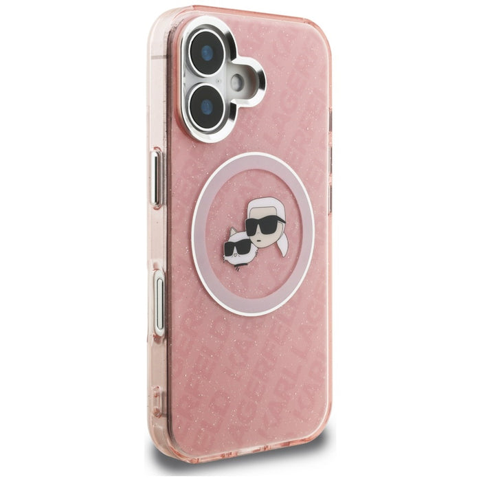 Karl Lagerfeld IML Glitter Karl &amp; Choupette Heads Logo MagSafe iPhone 16 Case - Pink